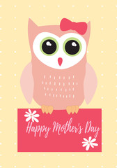 Owl Happy Mother's Day in pink with green, black and white colors palette vector illustration card template on a yellow dot pattern background