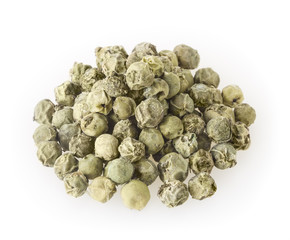 Heap of green peppercorns isolated on white background
