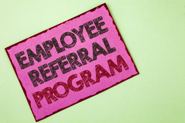 Word writing text Employee Referral Program. Business concept for Recommend right jobseeker share vacant job post written on Pink sticky note paper on plain background.