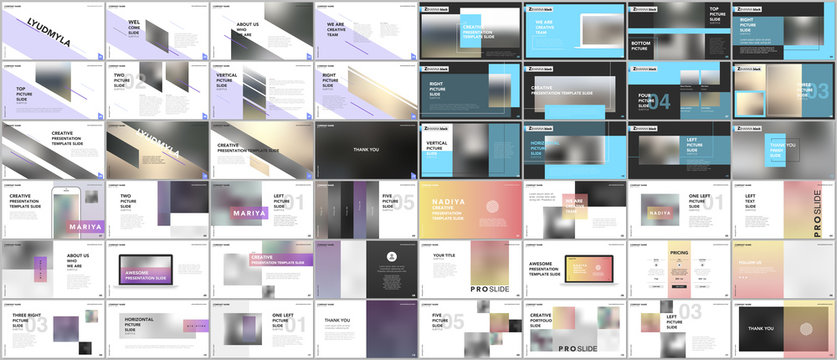 Set of minimal presentations, portfolio templates. Simple elements on white and black background. Brochure cover vector design. Presentation slides for flyer, leaflet, brochure, report, advertising