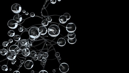 3D molecules or atoms on black background. Abstract molecular structure with white transparent spherical particles, medical background. Science concept. 3d render illustration