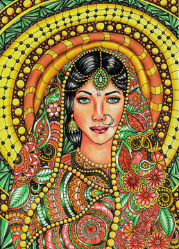 Indian woman in zentangle style with ethnic ornament  illustration hand drawn