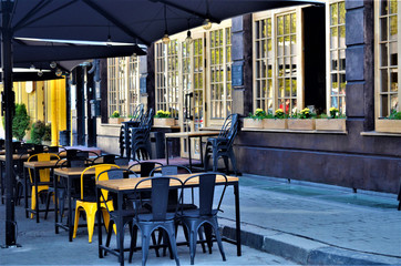 cafe, restaurant, street, sidewalk, outside, area, 