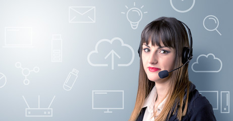 Young female telemarketer with white mixed media icons around her