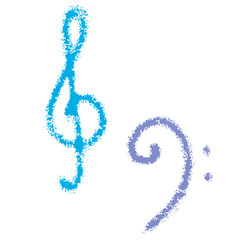 Obraz premium Hand drawn treble clef, bass clef. Musical symbols with uneven torn edges, dots, specks. Notes set for design, logos, wrapping paper, decoupage, fabric, clothes, prints, textile.
