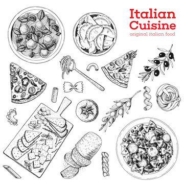 Italian cuisine hand drawn set. Vintage vector illustration. Italian food sketch collection. Pasta, pizza and ravioli illustration. Engraving image.