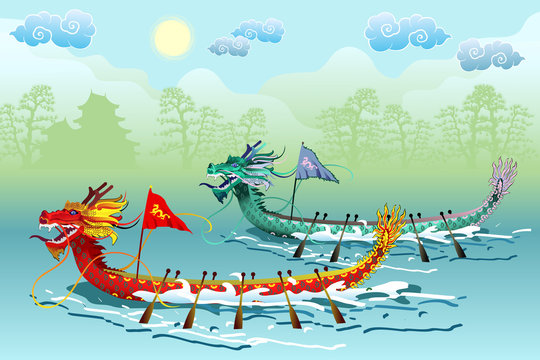 Dragon Boat Festival (Duanwu or Zhongxiao). River landscape with two chinese dragon boats, vector illustration.