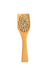 Peppercorn with wooden spoon on white background. Composition isolated over the white background. Top view.
