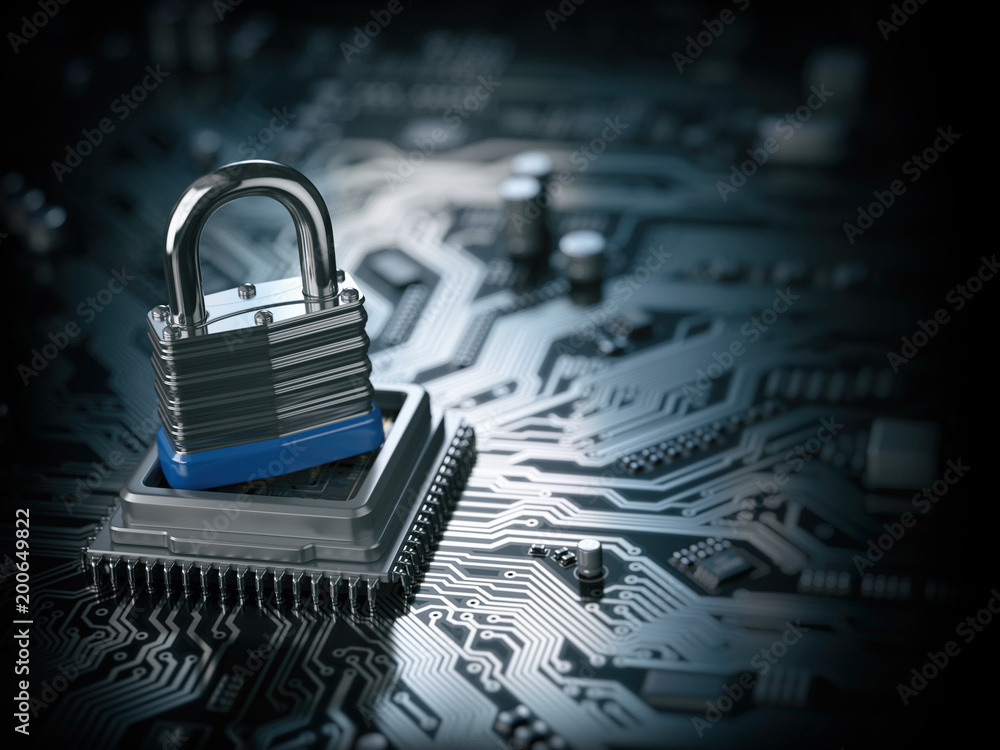 Poster Padlock on CPU computer circuit board. Lock over  the motherboard. Network security concept.