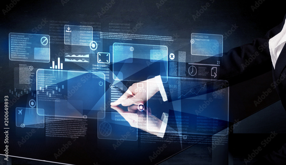 Poster Man pressing technology smart table interface with blue graphs