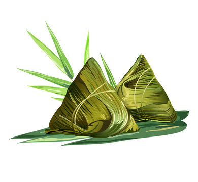 Chinese rice dumplings (zongzi) wrapped in bamboo leaves. Realistic vector illustration isolated on white background.