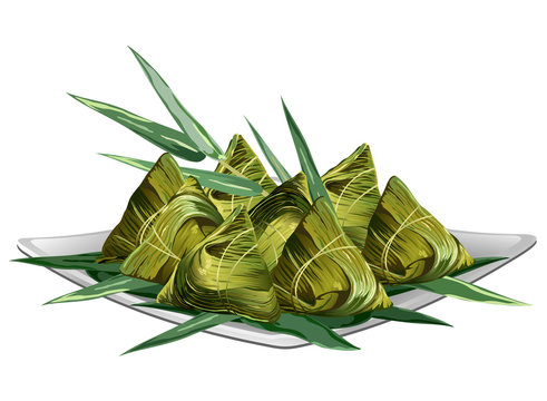 Chinese rice dumplings (zongzi) wrapped in bamboo leaves on plate. Realistic vector illustration isolated on white background.