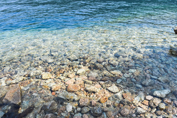 Rocks in clear water, pristine, lake, shore, alpine lake