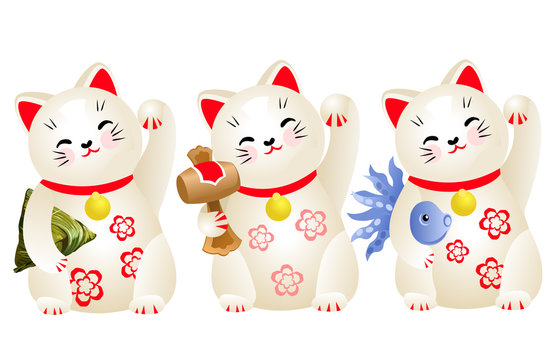 Japanese lucky cat (maneki neko) figurines. Traditional Asian money and business fortune mascot. Set of hand drawn vector illustratons isolated on wahite background.