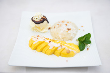 Thai dessert - Mango with coconut sticky rice and ice cream