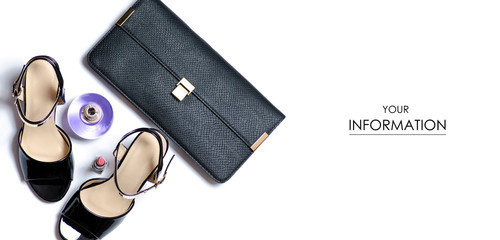 Clutch and female sandals shoes lipstick perfume heel pattern