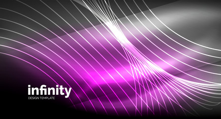 Obraz premium Abstract wave on dark background, shiny glowing neon digital background template