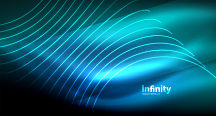 Abstract wave on dark background, shiny glowing neon digital background template