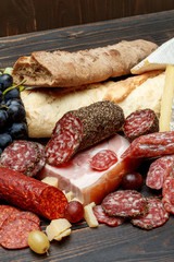 Traditional italian products with salami, cheese, bread and fruits