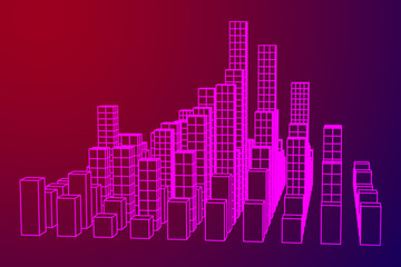 Fototapeta premium Mesh low poly wireframe cubes array like skyscraper city. Connected lines town. Connection Box Structure. Digital Data Visualization Concept. Vector Illustration.