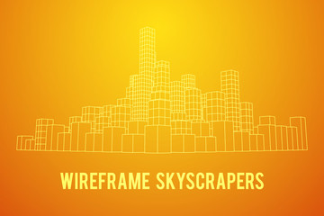 Mesh low poly wireframe cubes array like skyscraper city. Connected lines town. Connection Box Structure. Digital Data Visualization Concept. Vector Illustration.