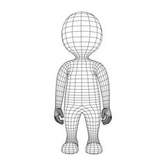 Wireframe low poly mesh human cartoon body in virtual reality. Medical blueprint scanned 3D model. Polygonal technology design.