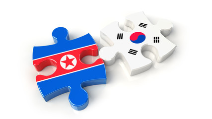 South Korea and North Korea flags on puzzle pieces. Political relationship concept.