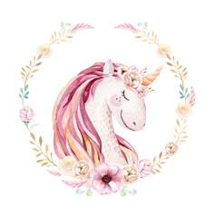 Isolated cute watercolor unicorn clipart with flowers. Nursery unicorns illustration. Princess rainbow poster. Trendy pink cartoon pony horse. © kris_art