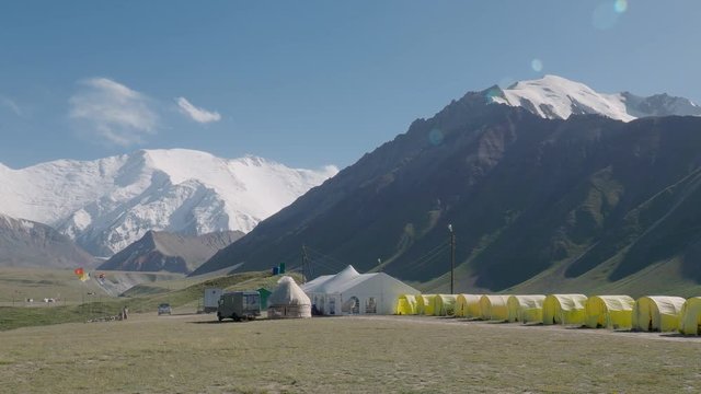 Base camp for extreme mountain climbing at Lenin Peak in Kyrgyzstan