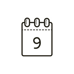 black and white linear icon of the tear-off calendar with number nine