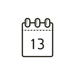 black and white linear icon of the tear-off calendar with number thirteen