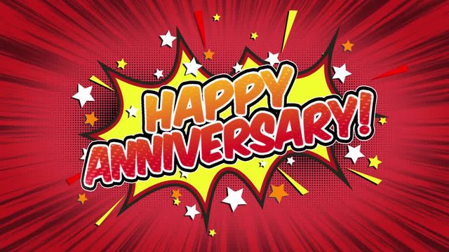Happy Anniversary Word Retro Cartoon Comic Bubbles Popup Style Expressions Colored Bomb and Smoke Strip Dotted and red Speed Radial line Seamless loop Animation black / green screen 4k doodle