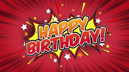 Happy Birthday Word Retro Cartoon Comic Bubbles Popup Style Expressions Colored Bomb and Smoke Strip Dotted and red Speed Radial line Seamless loop Animation black/green screen 4k doodle background