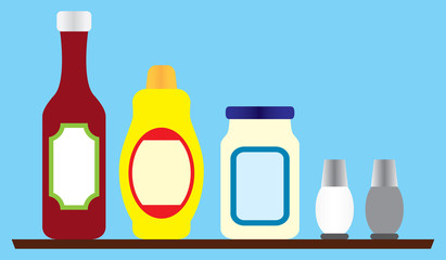 Several generic condiments are resting on a wooden shelf