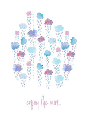 Colorful hand painted greeting card with watercolor clouds and raindrops. Isolated on white background.
