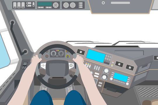 Driver in the cab of the truck on white background. Vector illustration