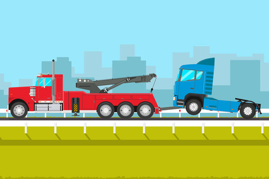 The rescue truck pulls in the service of a broken car. Vector illustration