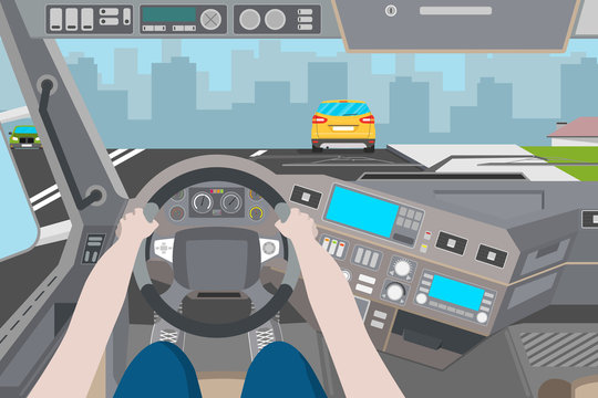 The driver is traveling in the city. City view from the cab of the truck. Vector illustration