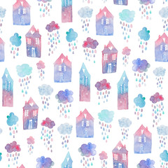 Fototapeta na wymiar Seamless pattern with hand painted houses and clouds with falling raindrops. Colorful watercolor illustration isolated on white background.