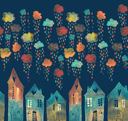 Seamless pattern with a town under the rainy clouds. Colorful raindrops falling on the roofs, painted in watercolor. © Juliautumn