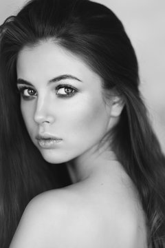 Beautiful young woman, fashion portrait. Black and white image