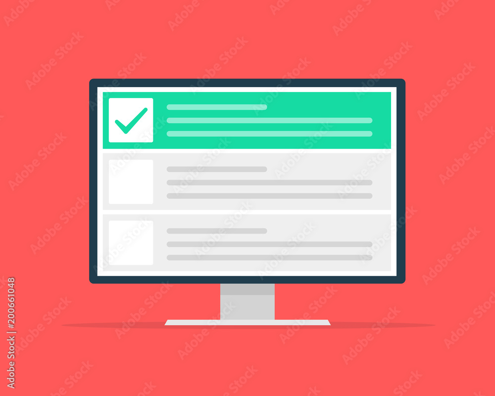Poster checklist browser window. check mark. white tick on monitor screen. choice, survey concepts. element