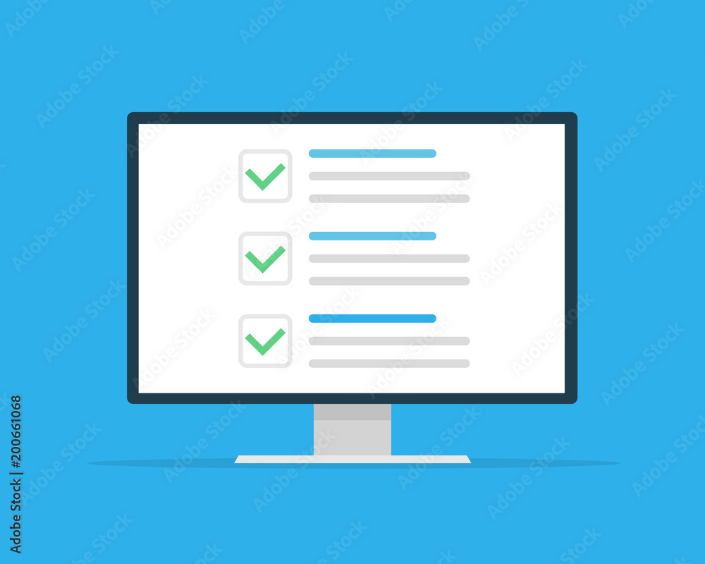 Poster checklist browser window. check mark. white tick on monitor screen. choice, survey concepts. element