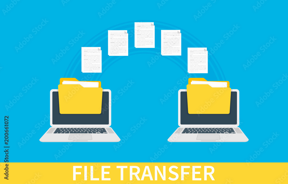 Aufkleber file transfer. two laptops with folders on screen and transferred documents. copy files, data exchan