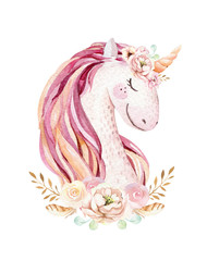 Isolated cute watercolor unicorn clipart with flowers. Nursery unicorns illustration. Princess rainbow poster. Trendy pink cartoon pony horse.