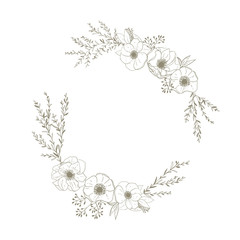 Flower wreath with anemones, twigs and leaves vector.Template fo