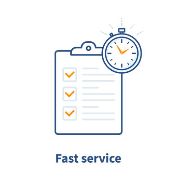 Fast Service, Simple Solution, Project Management, Improvement Checklist, Survey Clipboard, Enrollment Concept, Terms And Conditions, Time Period, Vector Thin Line Icon Illustration.