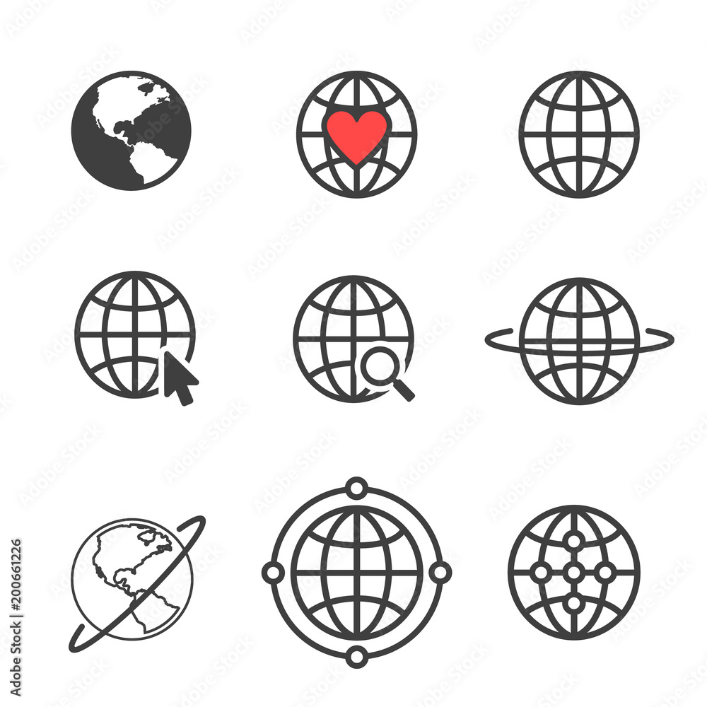 Poster set of globe related outline icons. web apps. thin line vector icons for website design and developm