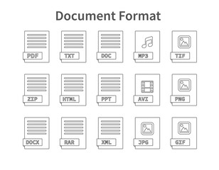 Document format. Flat style icon set. Programming file type, extension. Pictogram. Web and multimedia. Computer technology. Vector illustration on background.
