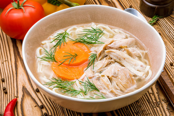 Chicken soup bouillon in a plate